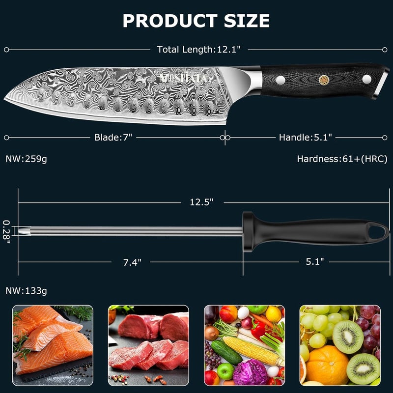 MOSFiATA Chef Knife,Kitchen Knife Santoku Chef's Knife 7 inch Multifunction Kitchen Knives Damascus Steel VG-10 Blade,Knife Sharpener Rod Gift Box - Image 5